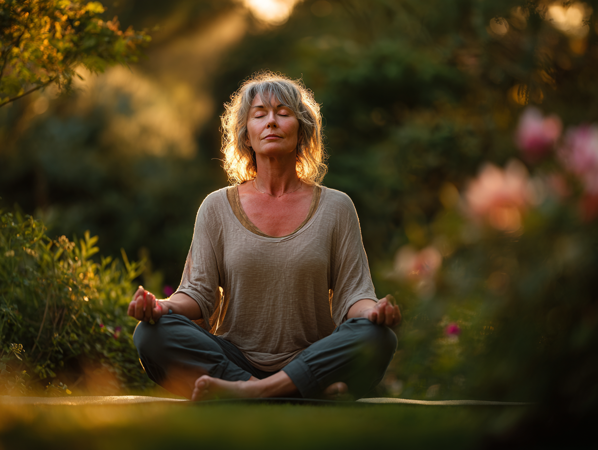 Жінка середнього віку медитує в спокійній позі на природі, демонструючи гармонію та внутрішній спокій йоги